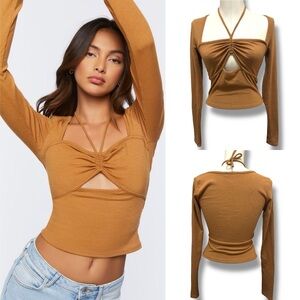 191 Forever 21 | Mexico EUC Rust Ribbed Cutout Long Sleeves Top (Size S)
